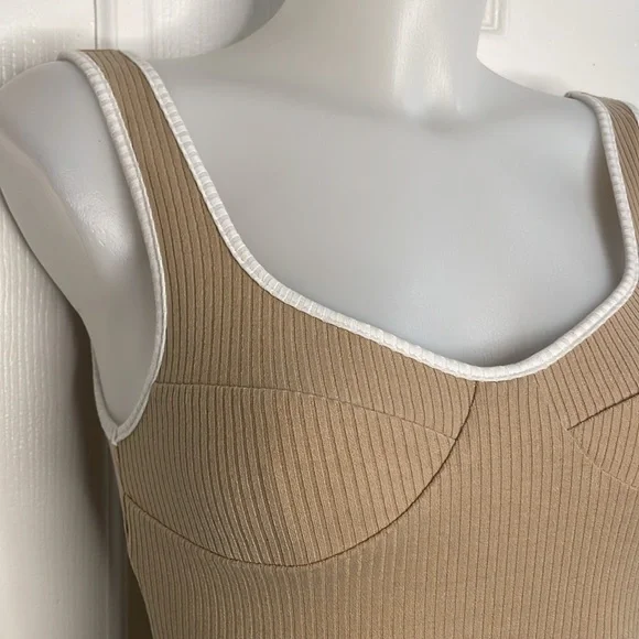 CRESCENT CONTRASTING TRIM RIBBED BODYCON TANK MIDI DRESS BEIGE & WHITE SIZE S - Picture 5 of 12